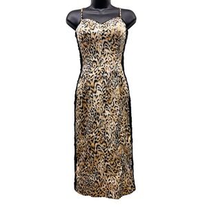 Dolce Jovani Y2K Leopard Print Lace Sequin Midi Slip Dress Gold Black Size 4